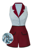 2PCS 1950s Blue Stripes Patchwork Blouse & Red Solid Shorts