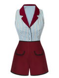 2PCS 1950s Blue Stripes Patchwork Blouse & Red Solid Shorts