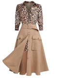 2PCS 1950s Leopard Lapel Romper & Khaki Skirt