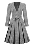 2PCS Green Retro Plaid Blazer & Panel Skirt