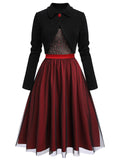 2PCS Red 1950s Strap Dress & Black Crop Jacket