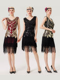 1920s Sequined Fringed V-Neck Charleston Dress