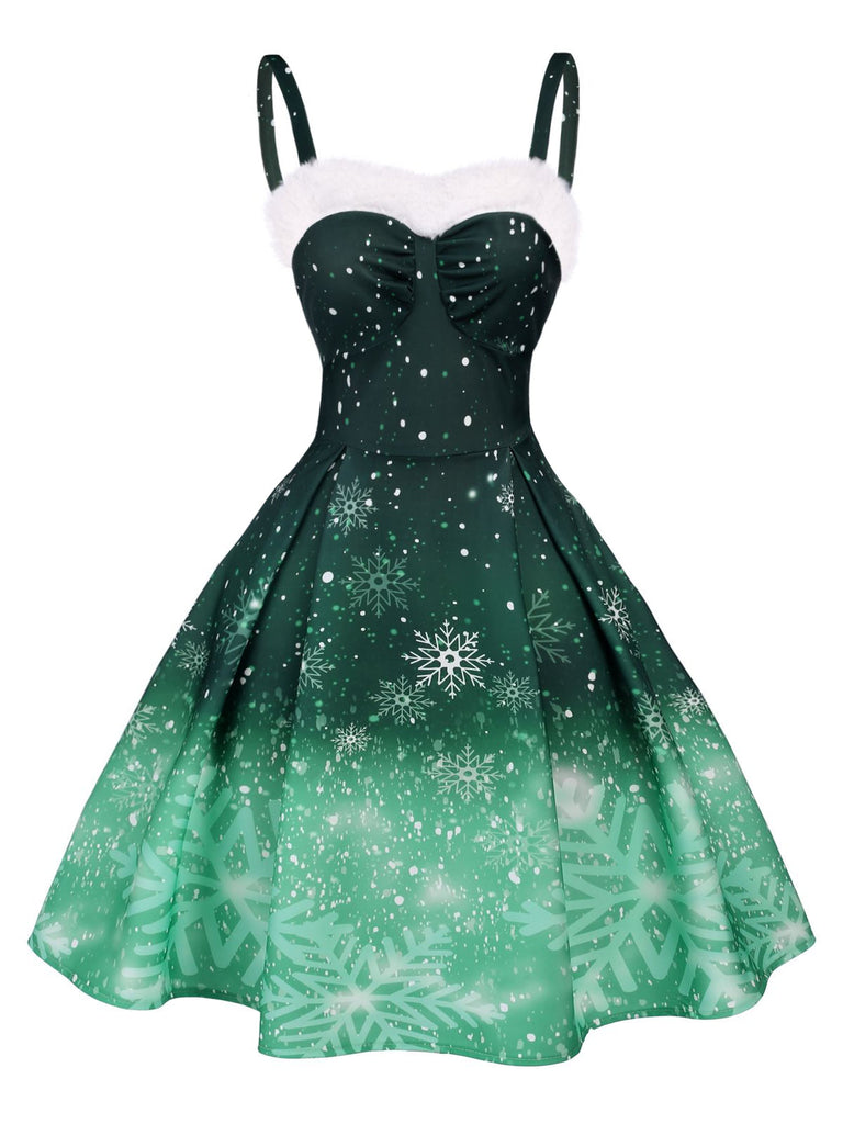Green 1950s Christmas Furry Strap Dress