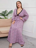 [Plus Size] Purple 1930s Deep V-Neck Ditsy Floral Dress