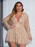 [Plus Size] 1960s Sequined Tassel Deep V Pleated Dress