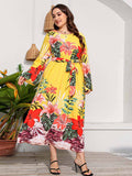 [Plus Size] 1930s Round Neck Floral Long Sleeve Dress