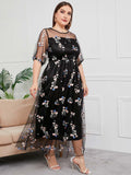 [Plus Size] Black 1930s Floral Embroidery Mesh Dress