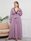 [Plus Size] Purple 1930s Deep V-Neck Ditsy Floral Dress