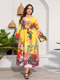 [Plus Size] 1930s Round Neck Floral Long Sleeve Dress