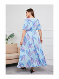 [Plus Size] Blue 1930s V-Neck Floral Belted Dress