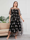 [Plus Size] Black 1930s Floral Embroidery Mesh Dress