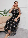 [Plus Size] Black 1930s Floral Embroidery Mesh Dress