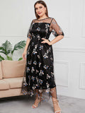 [Plus Size] Black 1930s Floral Embroidery Mesh Dress