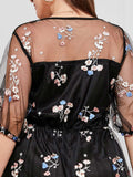 [Plus Size] Black 1930s Floral Embroidery Mesh Dress