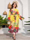 [Plus Size] 1930s Round Neck Floral Long Sleeve Dress