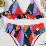 Color Block Ruffled Bikini Set