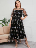 [Plus Size] Black 1930s Floral Embroidery Mesh Dress