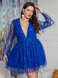 [Plus Size] 1960s Sequined Tassel Deep V Pleated Dress