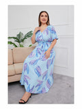 [Plus Size] Blue 1930s V-Neck Floral Belted Dress