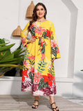 [Plus Size] 1930s Round Neck Floral Long Sleeve Dress