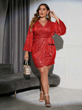[Plus Size] 1960s Sequined Flare Sleeve Solid Wrap Dress