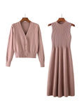 2PCS Solid Knitting Cardigan & Dress