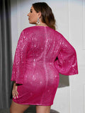 [Plus Size] 1960s Sequined Flare Sleeve Solid Wrap Dress