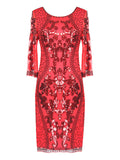 [US Warehouse] Red 1920s 3/4 Sleeve Sequin Gatsby Dress