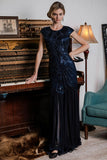 [US Warehouse] Blue 1920s Embroidery Sequin Maxi Dress