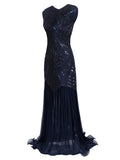 [US Warehouse] Blue 1920s Embroidery Sequin Maxi Dress