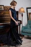[US Warehouse] Blue 1920s Embroidery Sequin Maxi Dress