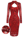 Red 1920s Sequined Keyhole Dress