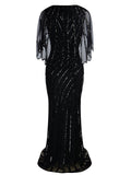 1920s Mesh Sequined Cape Maxi Dress