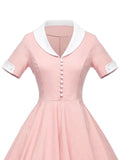 Pink 1950s Solid Button Swing Dress