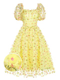 Yellow 3D Floral Puff Sleeves Swing Dress