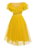 [US Warehouse] Yellow 1950s Dots Off-Shoulder Mesh Swing Dress