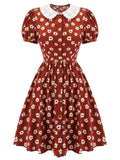 Red 1960s Floral Puff Sleeve Flared Dress