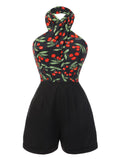Black 1950s Cherry Cross Halter Romper