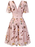 Pink Flowers And Birds Bowknot V-Neck Dress