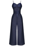 Navy Blue 1930s Cowboy Solid Strap Jumpsuit