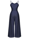 Navy Blue 1930s Cowboy Solid Strap Jumpsuit