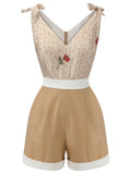 Khaki 1950s Embroidered Rose V-Neck Romper
