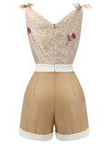 Khaki 1950s Embroidered Rose V-Neck Romper