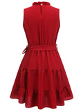 Red 1950s Ruffles Sleeveless Dress With Belt