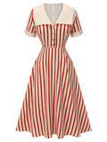 Red 1940s Lapel Vertical Stripes Dress