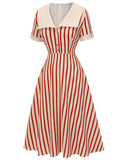 Red 1940s Lapel Vertical Stripes Dress