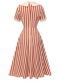 Red 1940s Lapel Vertical Stripes Dress
