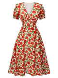 Red 1940s Rose V-Neck Swing Dress