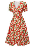 Red 1940s Rose V-Neck Swing Dress