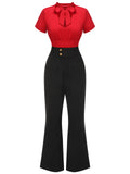 2PCS 1940s Red Tie-Up Blouse & Black Pants